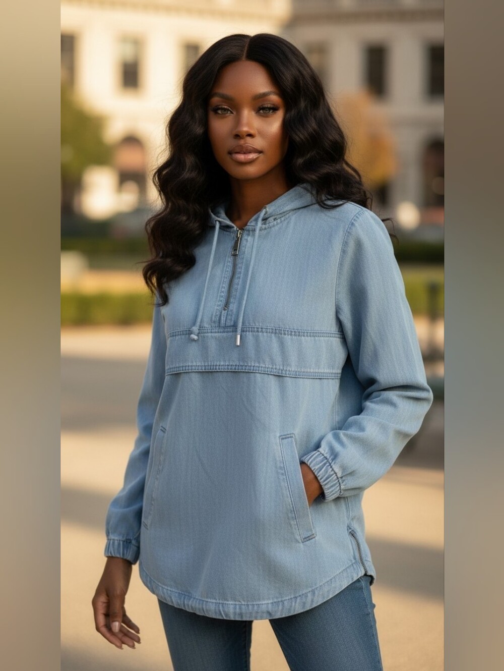 Red Label Denim Hooded Pullover Jacket Blue Cotton Women's Medium